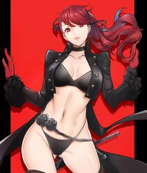 1girls battle_armor black_bra black_panties bra breasts choker cleavage clothing female female_only gloves human jacket kasumi_yoshizawa medium_breasts neckwear outerwear panties partially_clothed persona persona_5 persona_5_royal phantom_thief_suit red_eyes red_hair revealing_clothes simple_background smile smirk solo sumire_yoshizawa sword tusia underwear