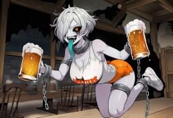 1girls ai_generated alcohol alianor_(paigen) ankle_cuffs arm_band beer black_sclera blue_skin blue_tongue breasts chains clothed clothed_female clothes clothing collar fangs female ghost ghost_girl hair_over_one_eye hooters hooters_uniform horror horror_(theme) large_breasts long_tongue mascara messy_hair monster_girl orange_eyes original original_character paigen ruined_makeup running_mascara sharp_nails sharp_teeth shirt shoes short_hair shorts sneakers thigh_band undead white_hair white_skin wrist_cuffs