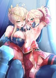 1futa 1girls age_difference ahoge areolae arms_up artoria_pendragon artoria_pendragon_(lancer) bare_shoulders bimbo blonde_hair blue_gloves blush bondage braid breasts chained chains commentary_request crown cum cum_in_mouth cum_on_body cum_on_lower_body daughter detached_sleeves eyebrows_visible_through_hair fate/grand_order fate_(series) female futa_on_female futanari gloves green_eyes hair_ornament hair_scrunchie heart heart-shaped_pupils highres implied_futanari incest intersex large_breasts looking_at_viewer mordred_(fate) mostly_nude mother mother_and_daughter mozu_(peth) navel nipples no_panties open_mouth parent parent_and_child perky_breasts ponytail puffy_nipples red_scrunchie red_sleeves scrunchie short_hair small_breasts symbol-shaped_pupils tongue tongue_out