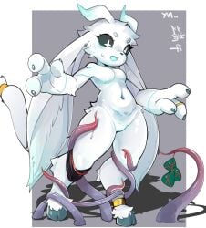 2025 2_horns 3_fingers accessory anklet anthro black_sclera blue_horn blue_markings blush breasts claws cloven_hooves featureless_breasts featureless_crotch female female_anthro fingers floppy_ears fur furgonomics guardian_spirit hi_res hooves horn jewelry long_ears markings microsoft navel open_mouth ori_(series) ring ring_(jewelry) simple_background solo standing tail tail_accessory tail_jewelry tail_ring tentacles unguligrade white_body white_eyes white_fur white_tail womb_tattoo xbox_game_studios yuanmin