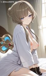 1girls ai_generated blue_eyes breasts brown_hair genshin_impact looking_at_viewer nipples sandrone_(genshin_impact) shineinsfw solo uncensored wet