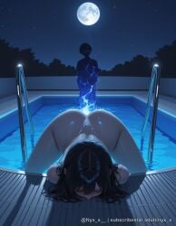 1boy 1girl ai_generated ass bangs black_hair blush cigarette closed_eyes completely_nude explicit full_moon hetero long_hair moon moonlight night night_sky nude nyx_x outdoors pool pool_ladder poolside sky smoking solo_focus star_(sky) top-down_bottom-up water watermark wet