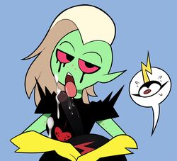 1boy 1girls 2019 alien black_skin breasts commander_peepers cum cum_on_breasts cum_on_face disney eyes female green_skin licking looking_at_viewer lord_dominator miscon no_humans oral penis red_eyes simple_background tagme tongue tongue_out wander_over_yonder