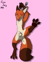 3_toes absurd_res animal_genitalia anthro anus balls canid canine canine_genitalia disney feet fox fur genitals hi_res looking_at_viewer male mammal nick_wilde nude orange_body orange_fur paws raised_leg sheath smile solo toes zootopia zorrojerry