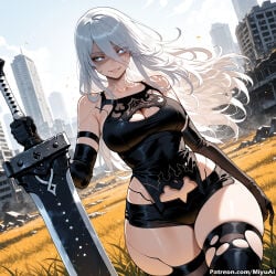 1girl ai_assisted ai_generated alternate_breast_size android armlet bare_shoulders black_gloves black_legwear black_shorts blue_eyes breasts building cityscape cleavage curvaceous curvy curvy_female curvy_figure elbow_gloves female gloves hair_between_eyes highleg holding holding_sword holding_weapon joints katana large_breasts leotard long_hair looking_at_viewer miyuai mole mole_under_mouth nier nier:_automata no_blindfold pink_lips puffy_sleeves robot_joints ruins short_shorts shorts silver_hair skyscraper smile solo sword thick thick_ass thick_butt thick_hips thick_legs thick_thighs thighhighs thighhighs_under_boots thighs torn_clothes voluptuous voluptuous_female weapon weapon_on_back wide_hips wide_thighs yorha_a2 yorha_no._2_type_b