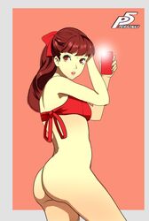 1girls ass bottomless bow bra eyelashes hand_on_head kasumi_yoshizawa lipstick looking_back makeup mostly_nude no_panties persona persona_5 persona_5_royal ponytail presenting_hindquarters red_bow red_bra red_hair self_shot smartphone solo sumire_yoshizawa sunbeam_(artist) taking_picture underwear