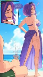 1boy 1boy1girl 1girls beach boku_no_hero_academia bra english_text greatm8 izuku_midoriya lady_nagant light-skinned_female light-skinned_male light_skin looking_at_partner looking_back my_hero_academia purple_hair scars scars_all_over scars_on_arm scars_on_body scars_on_face scars_on_legs scars_on_thighs short-haired_female short_hair skirt squeezing_bottle sunglasses sunglasses_on_head unseen_male_face