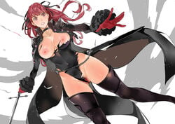 areolae battle_armor broken_armor clothing female functionally_nude gloves hairy_pussy human kasumi_yoshizawa large_breasts medium_breasts megami_tensei nipples pale_skin persona persona_5 persona_5_royal phantom_thief_suit pubic_hair pussy red_eyes red_hair solo sumire_yoshizawa surprised sword thighhighs torn_clothes tusia