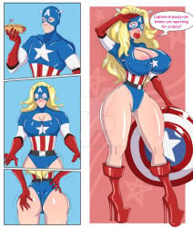 1boy 1girls big_breasts bimbo bimbo_body bimbo_lips bimbofication bimbofied breast_expansion breast_growth breast_growth_(enlargement) breasts captain_america clothed comic female gender_transformation genderswap genderswap_(mtf) genitals green_eyes high_heel_boots high_heels huge_breasts kittymellow male marvel platform_heels rule_63 solo tagme transformation