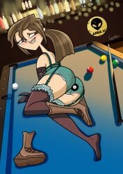 1girl 1girls biting_lip blush brown_eyes brown_hair female female_only girl lingerie oc original_character pool_ball pool_table riccardus97 shoes stick stockings total_drama_island