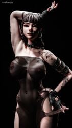 3d areolae black_background blender busty curvy fortnite:_battle_royale goth_girl large_breasts phaedra phaedra_(fortnite) roellman sexy_dress simple_background tattoos tight_clothing translucent_clothing