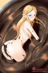 1girls :o all_fours artist_name ass back bare_back bath blonde_hair blush braid breasts breath_of_the_wild chocolate chocolate_bath chocolate_on_ass female_only from_above green_eyes hanging_breasts happy_valentine highres hylian kimmy77 long_hair looking_at_viewer looking_back looking_up nintendo nude open_mouth pointy_ears princess_zelda solo the_legend_of_zelda valentine's_day watermark web_address zelda_(breath_of_the_wild)