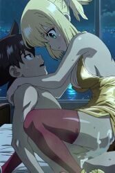 ai_generated blonde_hair blue_eyes cowgirl_position kohaku_(dr.stone) ponytail sex tagme thighhighs video yellow_dress