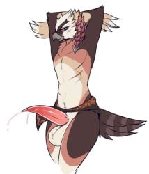 alder_(ahtibirb) anthro avian balls beak bird bodily_fluids bottomwear bottomwear_aside brown_body brown_feathers clothed clothing clothing_aside erection feathers feet genital_fluids genitals giidenuts hands_behind_head hi_res ineffective_clothing ineffective_loincloth leaking_precum loincloth loincloth_aside loincloth_only male mostly_nude nintendo partially_clothed penis pink_penis precum presenting presenting_penis rito simple_background solo standing talons tapering_penis the_legend_of_zelda toes topless white_background