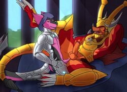 anal anal_penetration android anthro armor balls bottomless bushiroad cape clothed clothing dakodragon dakota_haven digital_media_(artwork) dragon drum_bunker_dragon duo erection furgonomics future_card_buddyfight genitals headgear helmet humanoid_genitalia humanoid_penis machine male male/male mythological_creature mythological_scalie mythology penetration penile penile_penetration penis penis_in_ass robot robot_anthro scalie tail tail_armor tongue tongue_out