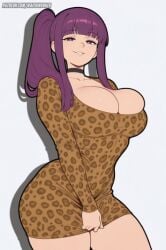 1girls 2d 2d_(artwork) ai_generated bangs big_breasts breasts cleavage female female_only fern_(sousou_no_frieren) frieren_beyond_journey's_end huge_breasts leopard_print looking_at_viewer ponytail purple_eyes purple_hair seductive sexy sousou_no_frieren thick_thighs waifuinvoker