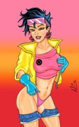asian asian_female big_breasts black_hair breasts bronxboy79 brown_eyes denim_shorts earrings gloves grabbing_own_breast jacket jubilation_lee jubilee looking_at_viewer marvel panties shorts shorts_down sunglasses sunglasses_on_head tank_top x-men x_symbol