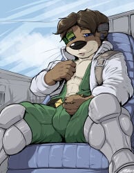 2026 anthro blue_chair blue_ear_piercing blue_eyes brown_body brown_fur brown_hair bulge clothing cloud cockpit colored fur green_clothing hair hi_res looking_at_viewer male mammal mustelid open_suit otter pandottermon pilot sitting sky smile smiling_at_viewer solo tan_body tan_fur toma_(pandottermon) tongue undressing_self whiskers white_clothing