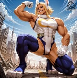 1boy ai_assisted all_might ayakonarts black_eyes boku_no_hero_academia cosplay flexing leotard looking_at_viewer mirko outdoors paw_shoes rabbit_ears solo