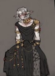 blush blushing_profusely boner boner_under_clothes elezen elf_ears embarrassed embarrassed_expression erection erection_under_clothing ffxiv final_fantasy_xiv fully_clothed fully_dressed letttusse precum precum_through_clothing shy solo_male urianger_augurelt