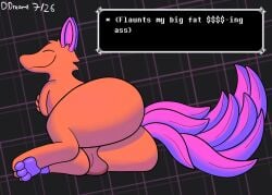 2026 abstract_background backsack balls big_butt big_tail butt canid canine darkner december_dreams deltarune dialogue feral fox fur genitals hi_res looking_at_viewer male mammal netskie orange_body orange_fur pink_ears pink_tail presenting presenting_hindquarters quadruped smile solo tail undertale_(series)