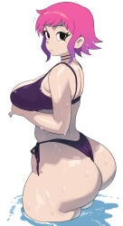 ass bikini black_eyes bubble_butt gradient_hair huge_ass large_breasts pink_hair purple_bikini ramona_flowers scott_pilgrim scott_pilgrim_(series) scott_pilgrim_takes_off short side-tie_bikini simple_background surprised thick_ass thick_thighs wet wet_ass white_background y_agc yuta_agc