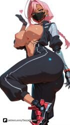 1girl ai_generated artist_name ass bangs blue_eyes braid breasts cyberpunk:_edgerunners cyberpunk_2077 cyborg dark-skinned_female dark_skin gloves heart jacket large_breasts long_hair looking_at_viewer mask mechanical_arms mouth_mask navel nipples open_clothes pants patreon pink_hair questionable senpai_pixels simple_background single_mechanical_arm solo talia_yang white_background