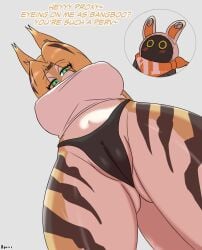 absurd_res anthro anthro_focus artist_name bangboo big_breasts black_clothing black_panties black_underwear blush blush_lines breasts brown_body brown_fur butt butt_from_the_front camel_toe clothing crop_top cutaway dialogue duo english_text eous_(zenless_zone_zero) felid feline female female_focus front_view fur genital_outline green_eyes grey_background hair half-closed_eyes hi_res hyuvevo looking_at_viewer looking_down low-angle_view mammal midriff mihoyo narrowed_eyes navel nipple_outline orange_body orange_fur panties portrait pulchra_fellini seductive shirt simple_background solo_focus standing tail talking_to_another tan_body tan_fur taunting text thiren three-quarter_portrait topwear underwear vulva_outline white_clothing white_crop_top white_topwear worm's-eye_view zenless_zone_zero