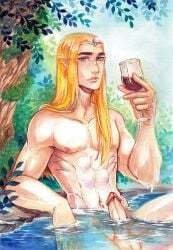 balls blonde_hair blue_eyes crown elf elf_ears elf_male elven father father_(lore) furaffinity_link glass_cup hi_res high_quality high_resolution highres holding_object in_water j._r._r._tolkien leaves long_hair long_hair_male looking_at_viewer lord_of_the_rings male male_focus muscular muscular_male new_line_cinema nipples outdoors penis_focus pond red_wine solo solo_focus solo_male testicles the_hobbit thranduil trees watercolor_(artwork) wet wet_body wine wine_glass woodland