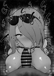 1boy 1girls :>= bare_shoulders big_breasts big_penis black_and_white blowjob blue_archive blush braid breasts censored dark-skinned_male dark_skin detailed_background drooling erect_nipple erect_nipples erection eyelashes fellatio female genryumon_(blue_archive) hair_over_one_eye heart human indoor inside kurotama long_hair looking_at_viewer male male_pov mina_(blue_archive) nipples oral oral_sex penis room saliva shanhaijing_secondary_school_student shiny shiny_skin sketch sound_effects squatting stockings sunglasses sunglasses_on_head sweat text tied_hair tongue tongue_out vein veins veiny veiny_penis
