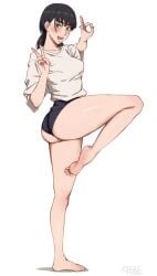 1girls ass ass_focus barefoot big_ass black_hair breasts chainsaw_man female female_focus female_only looking_at_viewer mitaka_asa nervous shonen_jump short_shorts shorts shounen_jump tagme v_sign white_background white_shirt