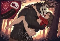 1boy 1girls abs against_tree ai_generated american_mythology anthro anthro_penetrating_female anthro_penetrating_human antlers belly_bulge big_ass big_breasts big_pecs big_penis bigger_male black_fur brunette brunette_hair bubble_butt chest_hair chest_tuft cum cum_in_pussy cum_inside equine_penis female female_penetrated forest french_kiss french_kissing huge_balls huge_cock human human_on_anthro impregnation indigenous_north_american_mythology kissing large_penis lumberjack male male/female male_on_human massive_balls muscles muscular muscular_male mythology north_american_mythology on_the_ground pants_down penis pussy saggy_balls skull skull_head sperm_cell sperm_meets_ovum spread_legs standing_sex suspended_congress thick_penis vagina wendigo x-ray