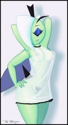 anthro areola arthropod biped black_border border breasts clothing eyes_closed female genitals green_body hand_on_hip hi_res insect lingerie multi_arm multi_limb pubes sirredbenjamin solo translucent translucent_clothing translucent_lingerie vulva wide_hips