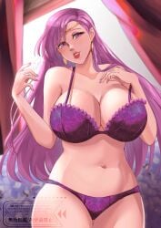1girls anti_ai bedroom big_breasts bra brunnya_(fire_emblem) circlet cleavage earrings fire_emblem fire_emblem:_the_binding_blade large_breasts lipstick long_hair looking_at_viewer mature_female nintendo panties pink_eyes pink_hair purple_eyes purple_hair rinku_bny solo tagme thick_thighs underwear watermark wide_hips