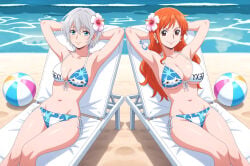 2girls arms_behind_head arms_up bare_legs bare_shoulders beach beach_ball beach_chair blue_eyes blushing cleavage collarbone flower_in_hair kikuchi_fuuka large_breasts long_hair looking_at_viewer lounging medium_breasts nami_(one_piece) ocean sand sexy short_hair silver_hair sitting smiling string_bikini