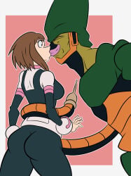 1boy 1girls 2d ass big_lips brown_eyes brown_hair cell_(dragon_ball) chartx crossover dragon_ball dragon_ball_z female forced_kiss imperfect_cell interspecies lips male my_hero_academia ochako_uraraka ochako_uraraka_(hero_outfit) suprised_look