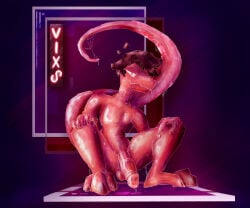 5_fingers anthro balls big_tail bodily_fluids bright_colors burgundy_hair dark_hair digital_media_(artwork) fingers genital_fluids genitals glistening glistening_body glistening_eyes glistening_genitalia glistening_penis glistening_tail hair hands_on_legs lizard lizard_tail long_tail looking_at_viewer male multicolored_body neon neon_sign nude paws penis pose precum purple_background red_body red_penis red_tail reptile scalie sign simple_background slim slim_male solo sticky sweat sweaty_body sweaty_genitalia tail thick_tail tongue vix_(vixs) vixs wet wet_body