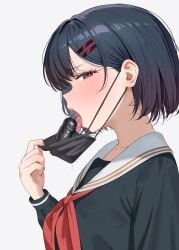 1girl absurdres black_serafuku brown_eyes collarbone commentary_request dildo_gag dildo_under_mask gag gag_under_mask grey_hair highres jiang_qian_xiao looking_at_viewer mask medium_hair mouth_mask neckerchief open_mouth original red_neckerchief sailor_collar saliva saliva_trail school_uniform serafuku solo teeth tongue tongue_out ungagged upper_body upper_teeth_only