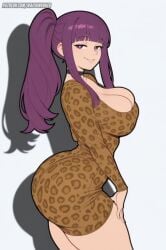 1girls 2d 2d_(artwork) ai_generated ass bangs big_ass big_breasts breasts cleavage female female_only fern_(sousou_no_frieren) frieren_beyond_journey's_end huge_ass huge_breasts large_ass leopard_print looking_at_viewer ponytail purple_eyes purple_hair seductive sexy smile solo sousou_no_frieren thick_thighs waifuinvoker