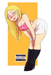 arms_between_legs blonde_hair blush boots cute deviantnsfw girl leaning_forward lipstick makeup opticdeviant pencil_skirt sanding solo suggestive woman