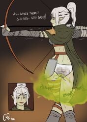 absurd_res accident anthro bodily_fluids bow_(weapon) butt crying elf fantasy fart fart_cloud fart_fetish feces female green_body green_skin hi_res humanoid_pointy_ears onomatopoeia pointy_ears polapola ranged_weapon scared shaking skid_marks soiled soiled_panties solo sound_effects tears text trembling weapon