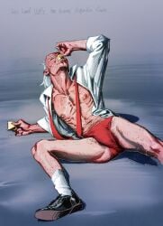 1boy 2025 arm_hair black_shoes cecil_stedman chest chest_hair closed_eyes hair holding holding_object invincible invincible_(comics) invincible_(tv_series) leg_hair legs legs_apart legs_spread lemon light-skinned_male light_skin male male_only mature mature_male nipples open_clothes open_shirt red_tie saliva scar shoes socks solo solo_male spread_legs tie underwear unfruitpourri white_hair white_shirt white_socks