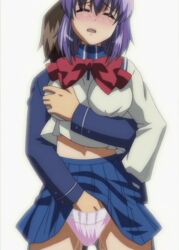 1boy animated blue_skirt bow bowtie breasts clothing dildo dildo_under_panties female fingering fujino_shion fukaya_mamoru hand_in_another's_panties hand_in_panties hatsu_inu open_mouth panties pink_panties purple_hair pussy_juice red_bow red_neckwear school_uniform short_hair skirt skirt_lift stitched tagme third-party_edit underwear