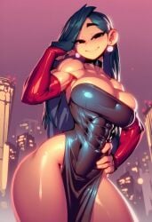 1girls abs ai_generated bare_shoulders big_breasts black_eyes black_hair clothed clothing color dress female female_focus female_only gigiti gwen_(trogiai) hi_res large_breasts light-skinned_female light_skin long_hair looking_at_viewer slim_waist solo solo_female thick_thighs trogiai