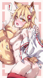 ! 1girls animal_ear_fluff animal_ears anus ass bandaid bare_shoulders blonde_hair blush breasts eyebrows_visible_through_hair falco_arrow female flower fox_ears fox_girl fox_tail hair_between_eyes hair_flower hair_ornament hakama hakama_removed highres japanese_clothes kemonomimi kimono kitsune kitsunemimi long_sleeves looking_at_viewer looking_back miko nipples nude oerba_yun_fang open_clothes open_kimono open_mouth pussy pussy_juice red_hakama ribbon_trim senko_(sewayaki_kitsune_no_senko-san) sewayaki_kitsune_no_senko-san short_hair small_breasts solo tail tail_grab v wide_sleeves yellow_eyes yellow_hair