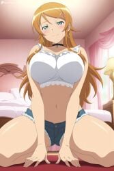 1girl aged_up ai_generated alternate_breast_size aqua_eyes bed bedroom blush breasts choker crop_top curtains denim denim_shorts digitalwaifugallery earrings hair_ornament hairclip hi_res high_quality high_resolution indoors jewelry kneeling kousaka_kirino large_breasts long_hair looking_at_viewer midriff navel orange_hair ore_no_imouto_ga_konna_ni_kawaii_wake_ga_nai patreon seductive sexy short_shorts shorts smile solo thighs uncensored watermark