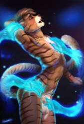 animal_genitalia anthro balls butt claws dimonis disembodied_hand domestic_cat eyes_closed felid feline felis femboy genitals hand_on_arm hand_on_chest hand_on_hip hi_res magic magic_hands male mammal markings nude open_mouth sheath simple_background skinny solo striped_body striped_markings striped_tail stripes tail tail_markings