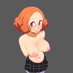 1girls arms_behind_back blush breasts brown_eyes collarbone commentary cowboy_shot english_commentary eyelashes forehead highres huge_breasts inverted_nipples kerotheklutz looking_at_viewer navel okumura_haru orange_hair pantyhose patterned_background persona persona_5 plaid_clothes plaid_skirt purple_background sega skirt stomach topless_female white_pantyhose