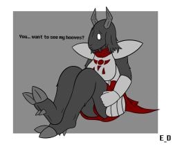 anthro armor bovid breasts camel_toe caprine clothing cloven_hooves dialogue digitigrade english_text erotic_diversion feet female floppy_ears flustered foot_fetish foot_focus fur genitals goat grey_body grey_fur hi_res hoof_focus hooves horn lop_ears mammal monster nervous oldentale presenting solo text underhoof vulva wiki_(oldentale)