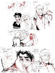 2025 3boys black_hair blush blush_lines blushing cecil_stedman donald_ferguson english english_text glasses hair invincible invincible_(comics) invincible_(superhero) invincible_(tv_series) leg_hair lemon light-skinned_male light_skin male male_only mark_grayson nipples office_clothing open_clothes open_eyes open_mouth scar shirt shoes short_hair simple_background sitting socks standing sweater teeth teeth_showing teeth_visible text text_bubble underwear unfruitpourri viltrumite white_background white_hair white_shirt